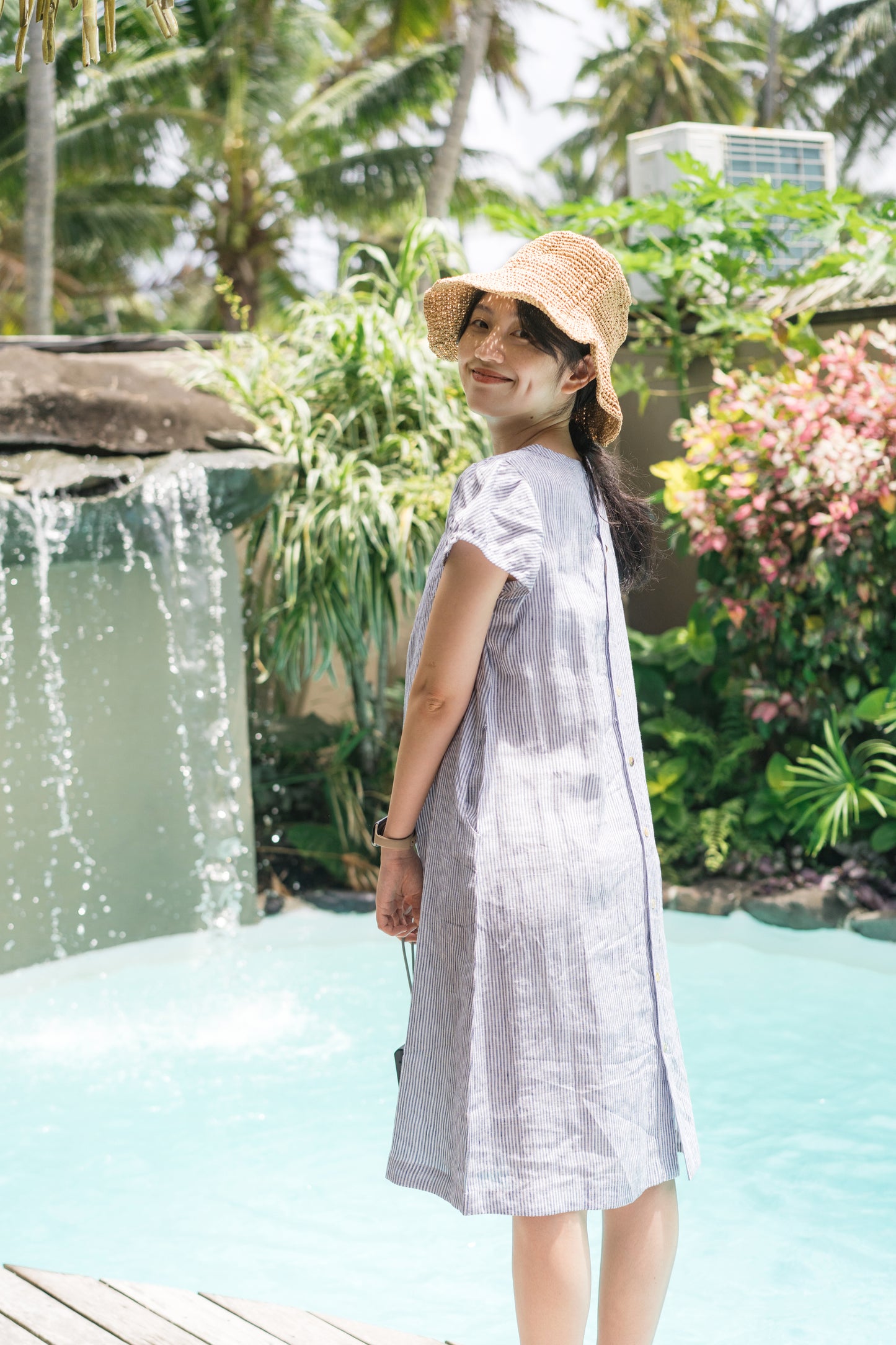 Short sleeve A-line dress in blue stripes, 100% linen