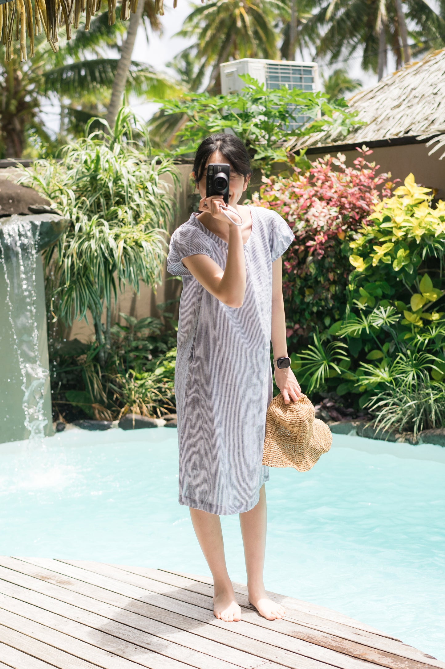 Short sleeve A-line dress in blue stripes, 100% linen