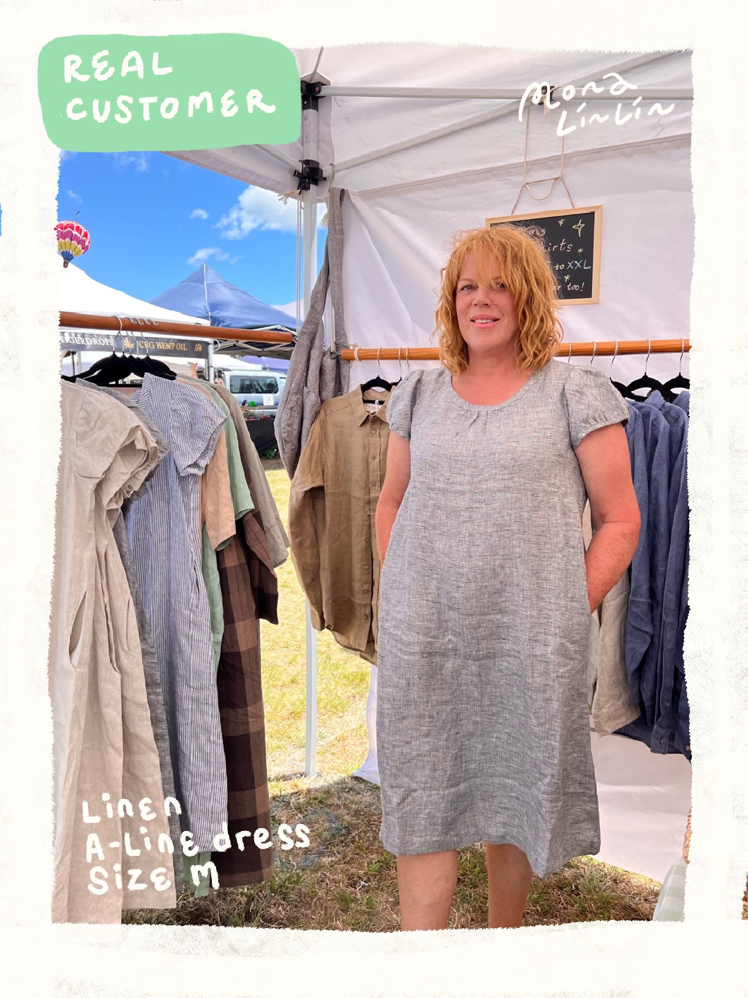 Short sleeve A-line dress in black houndstooth, 100% linen