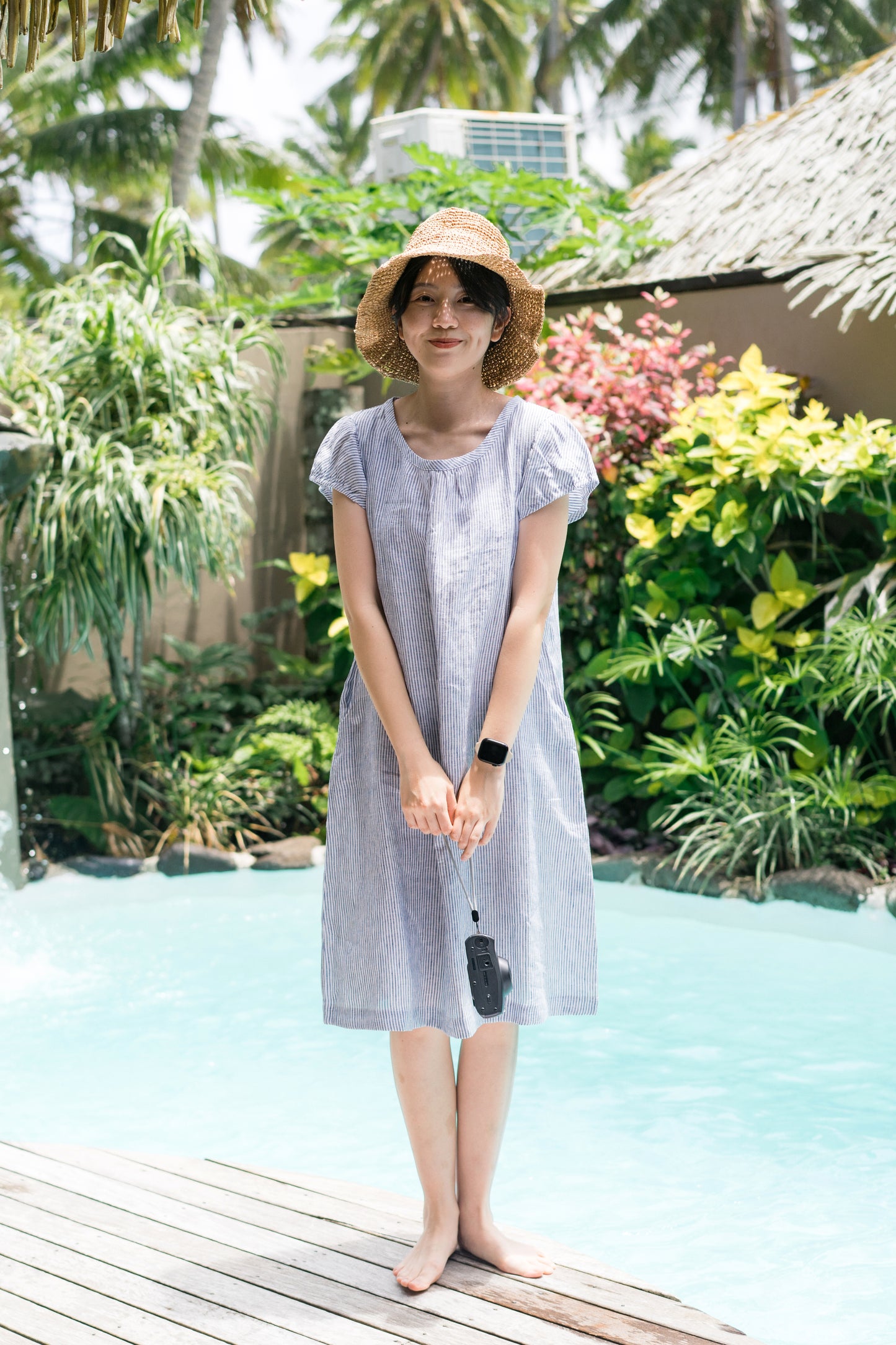 Short sleeve A-line dress in blue stripes, 100% linen