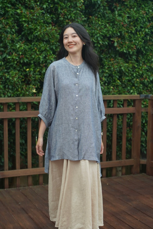 Balloon sleeve shirt in blue-grey, 100% linen