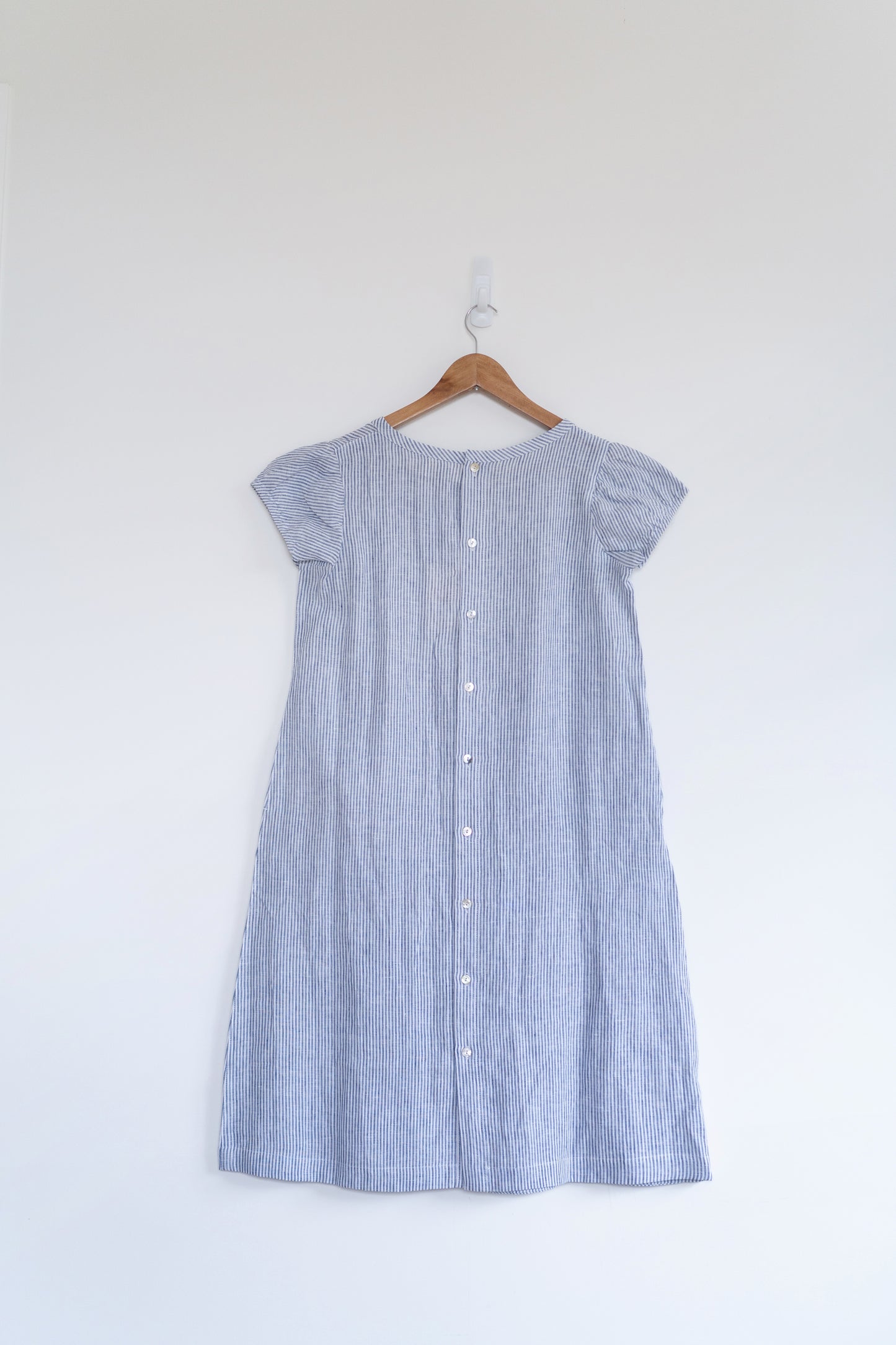 Short sleeve A-line dress in blue stripes, 100% linen