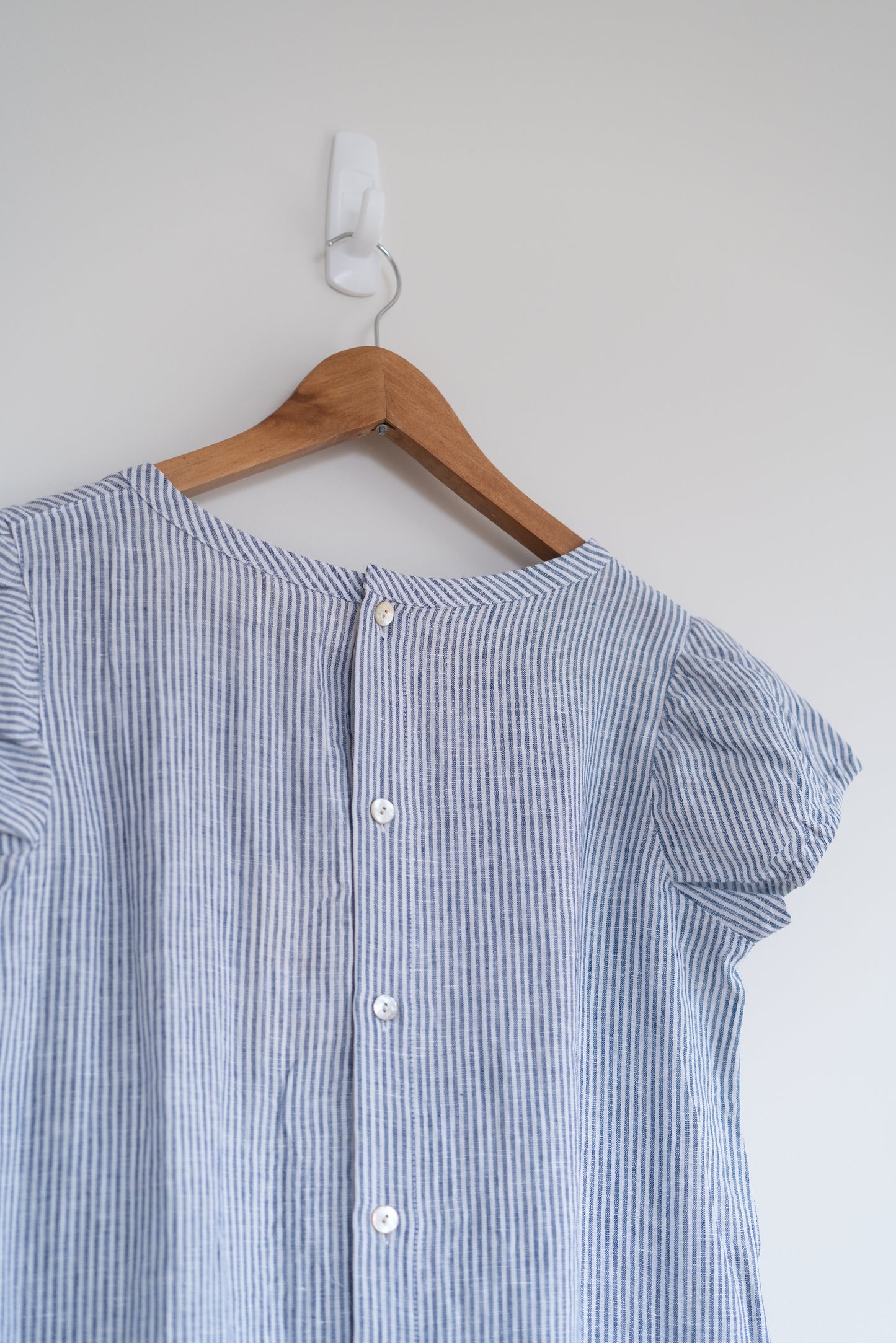 Short sleeve A-line dress in blue stripes, 100% linen