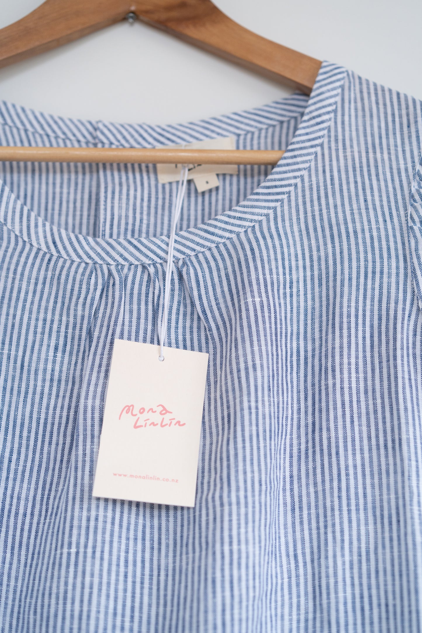 Short sleeve A-line dress in blue stripes, 100% linen