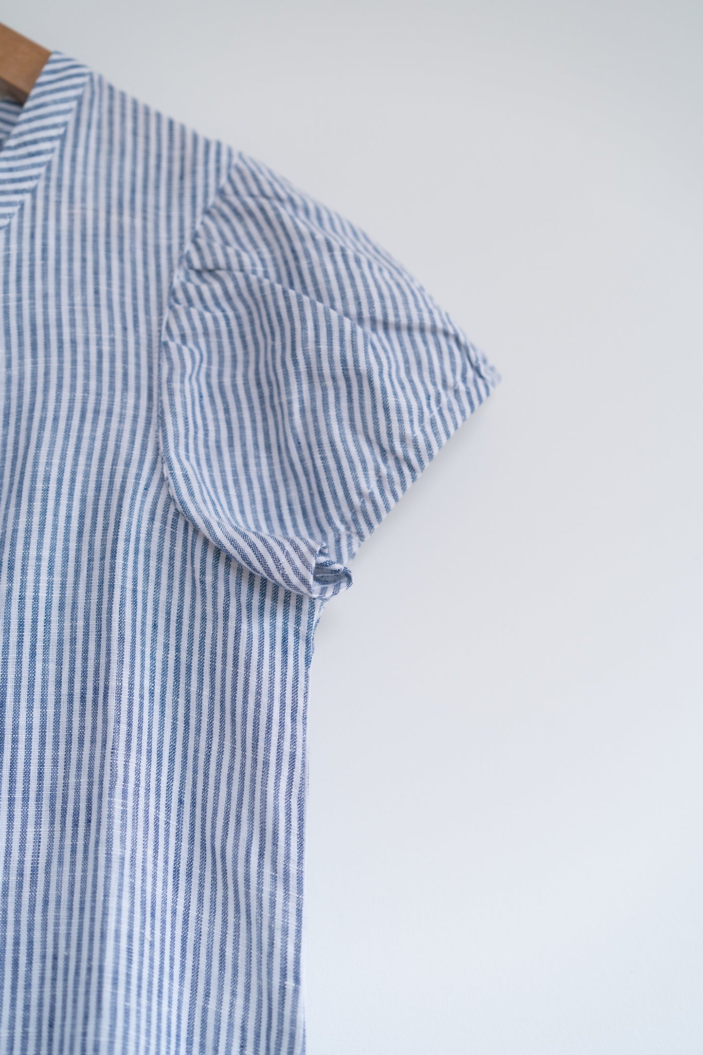 Short sleeve A-line dress in blue stripes, 100% linen