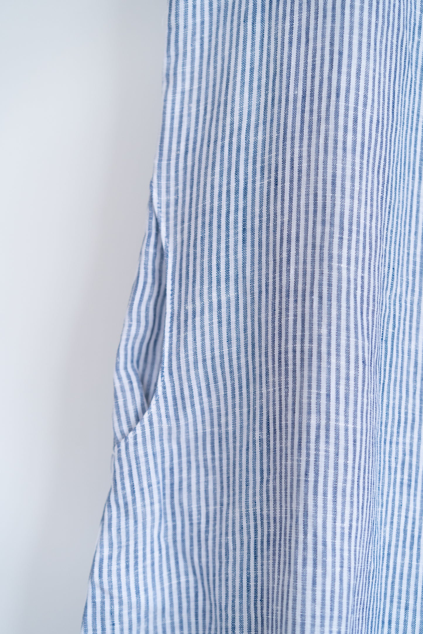 Short sleeve A-line dress in blue stripes, 100% linen