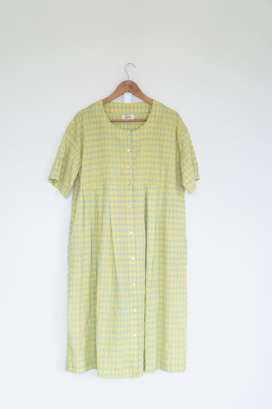 Pleated buttoned tee dress in seersucker green, 100% linen