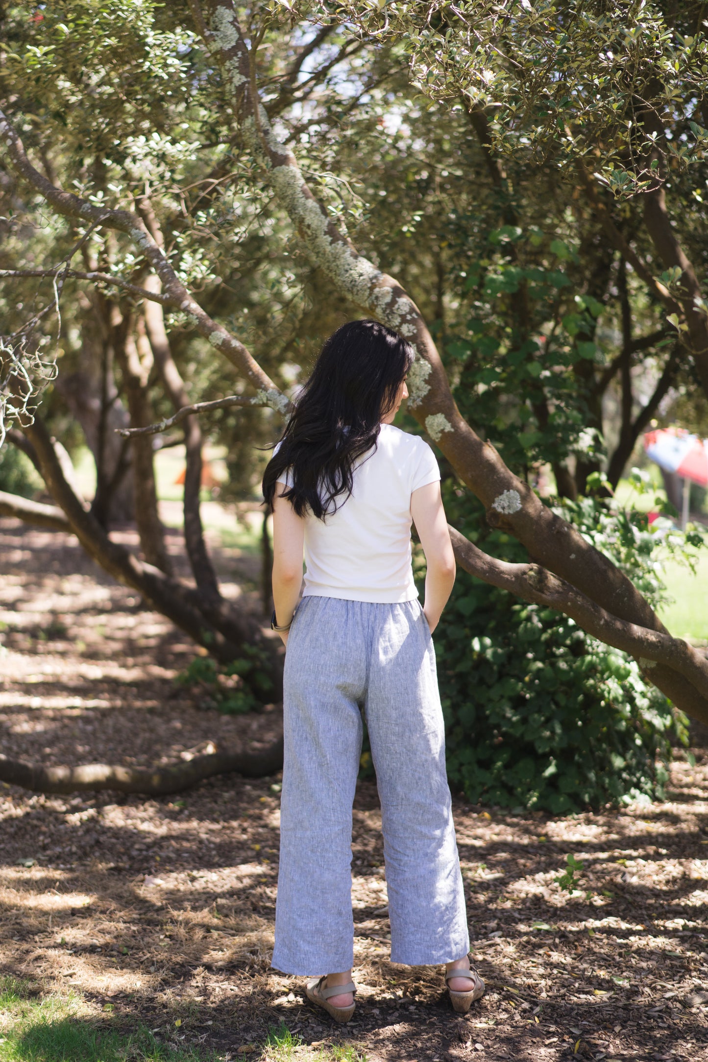 Stretchy wide leg pants in dusty blue, 100% linen