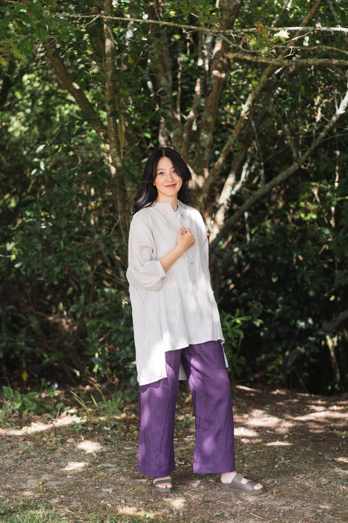 Stretchy wide leg pants in violet, 100% linen