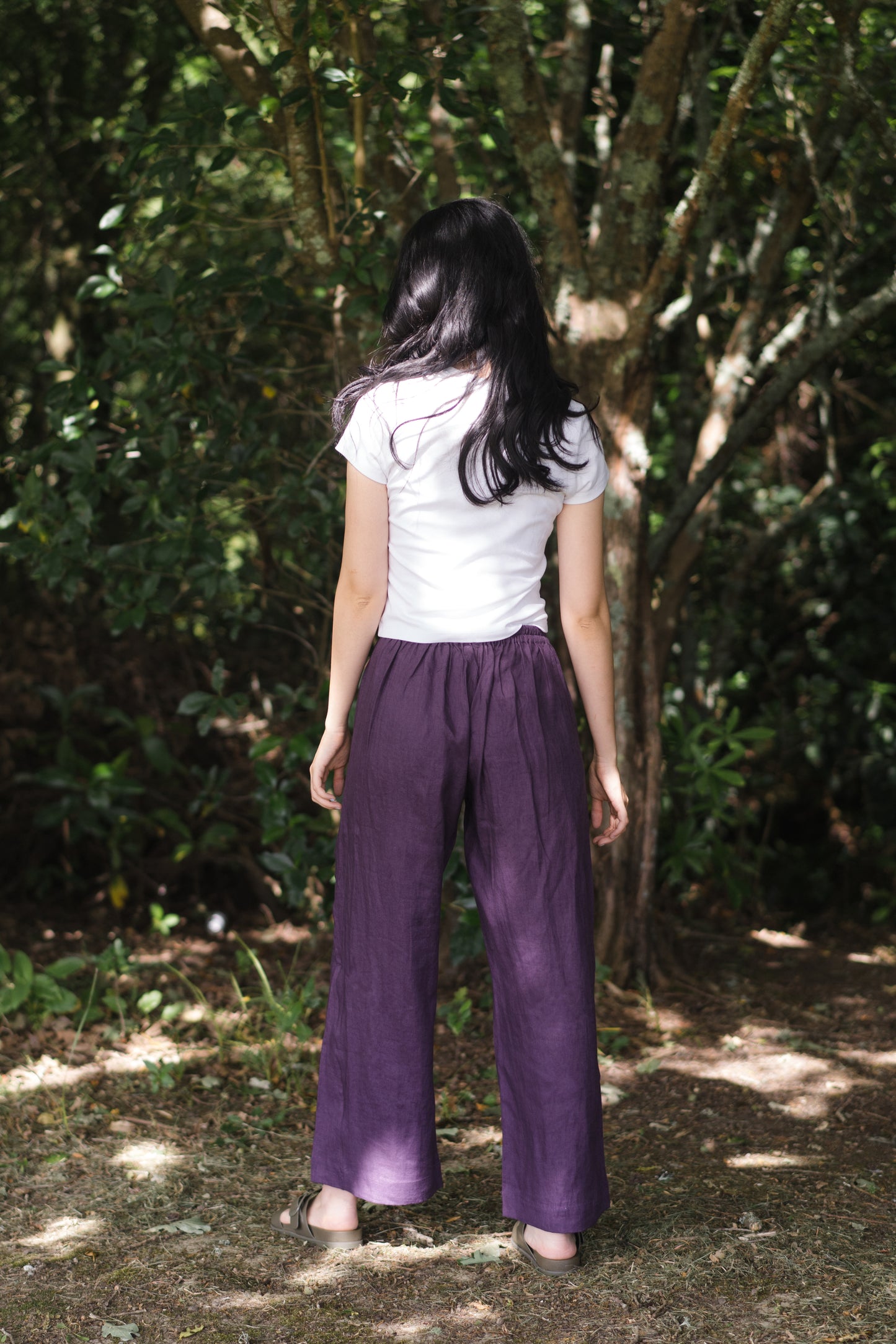 Stretchy wide leg pants in violet, 100% linen