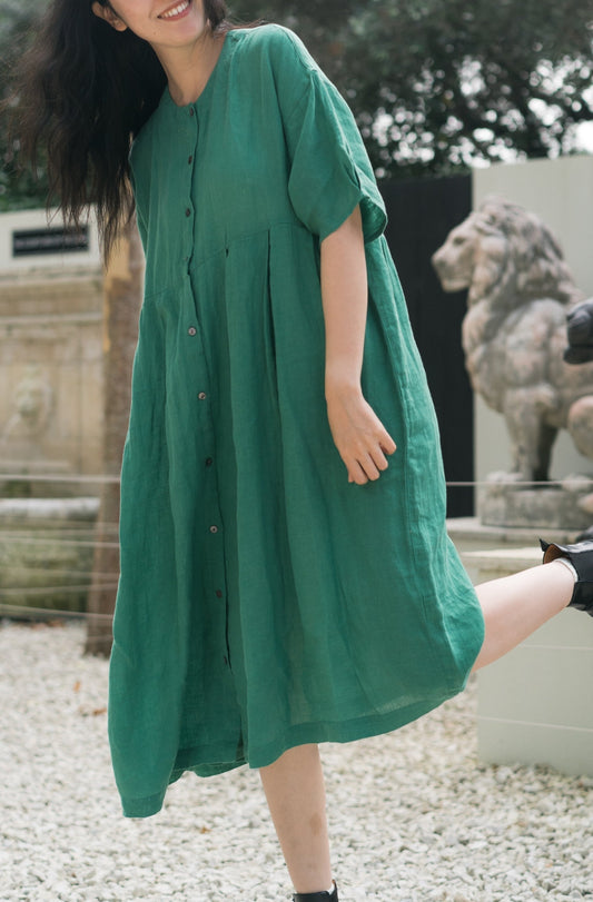 Pleated buttoned tee dress in deep green, 100% linen