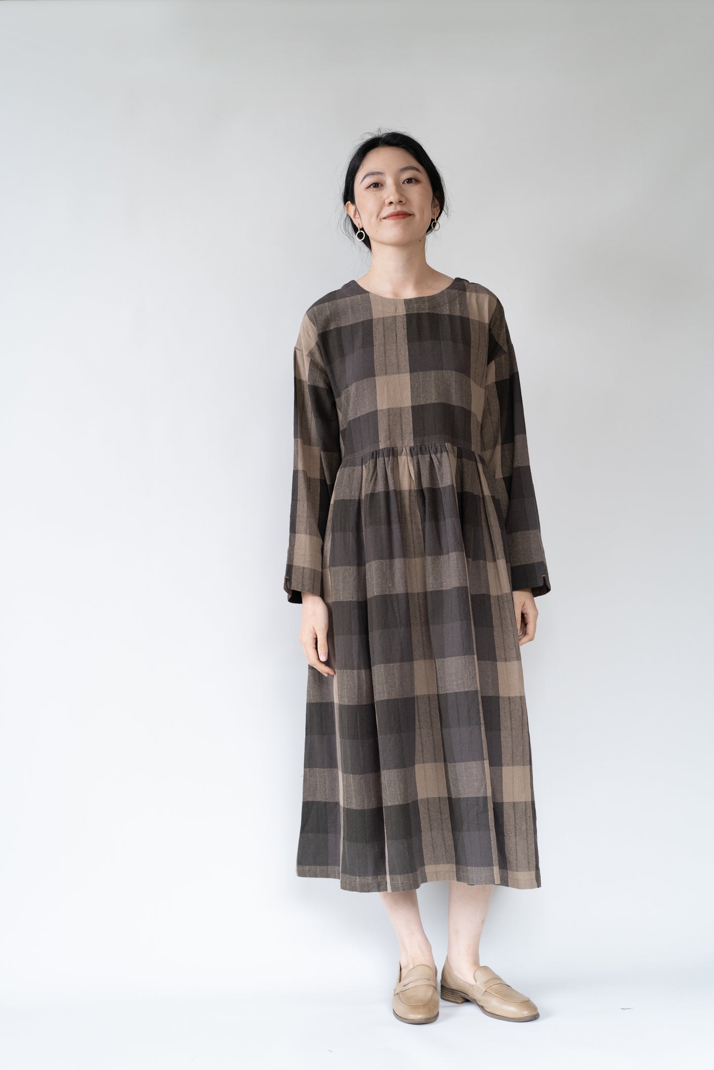 Plaid checked two-sided dress in coffee, 100% cotton