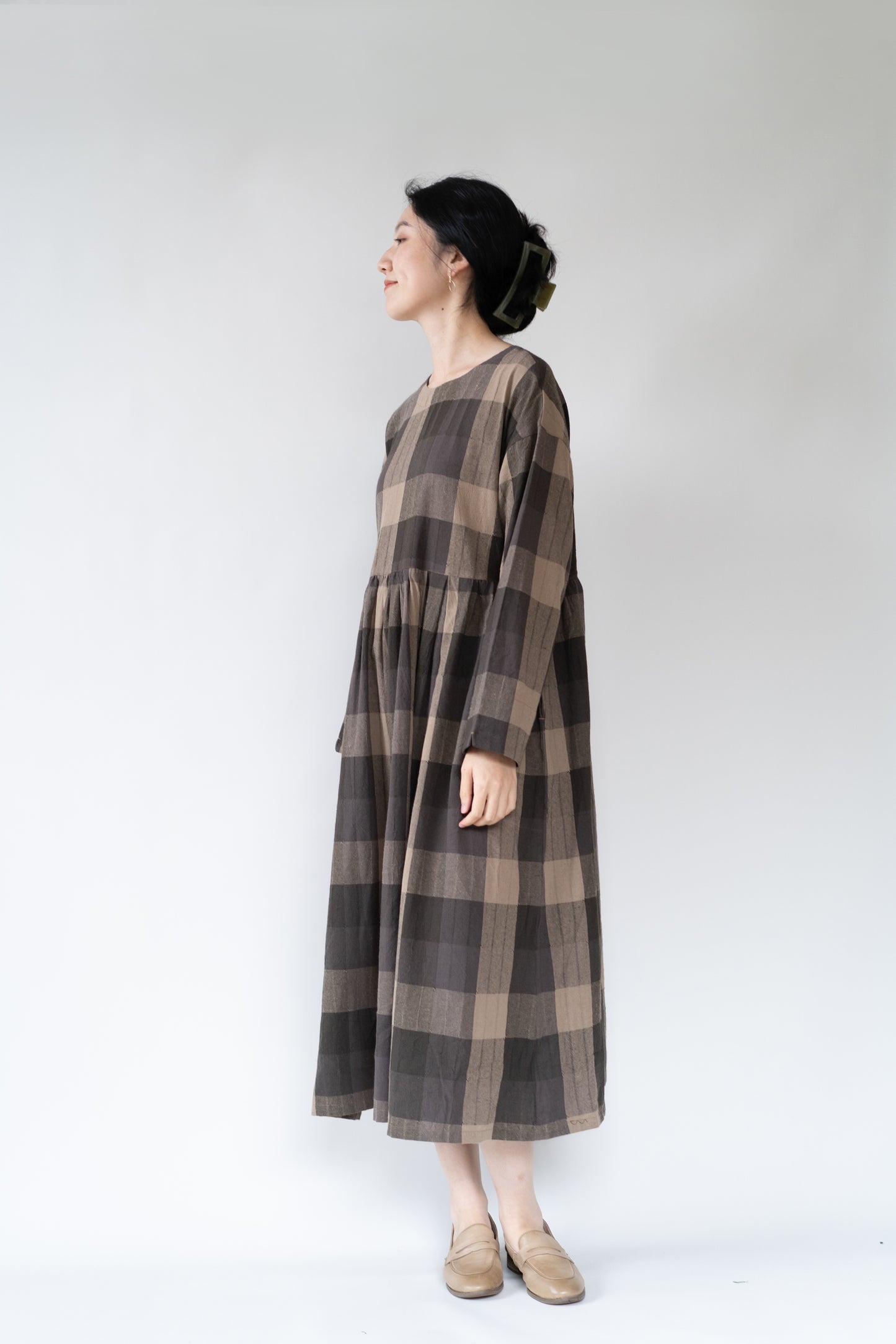 Plaid checked two-sided dress in coffee, 100% cotton