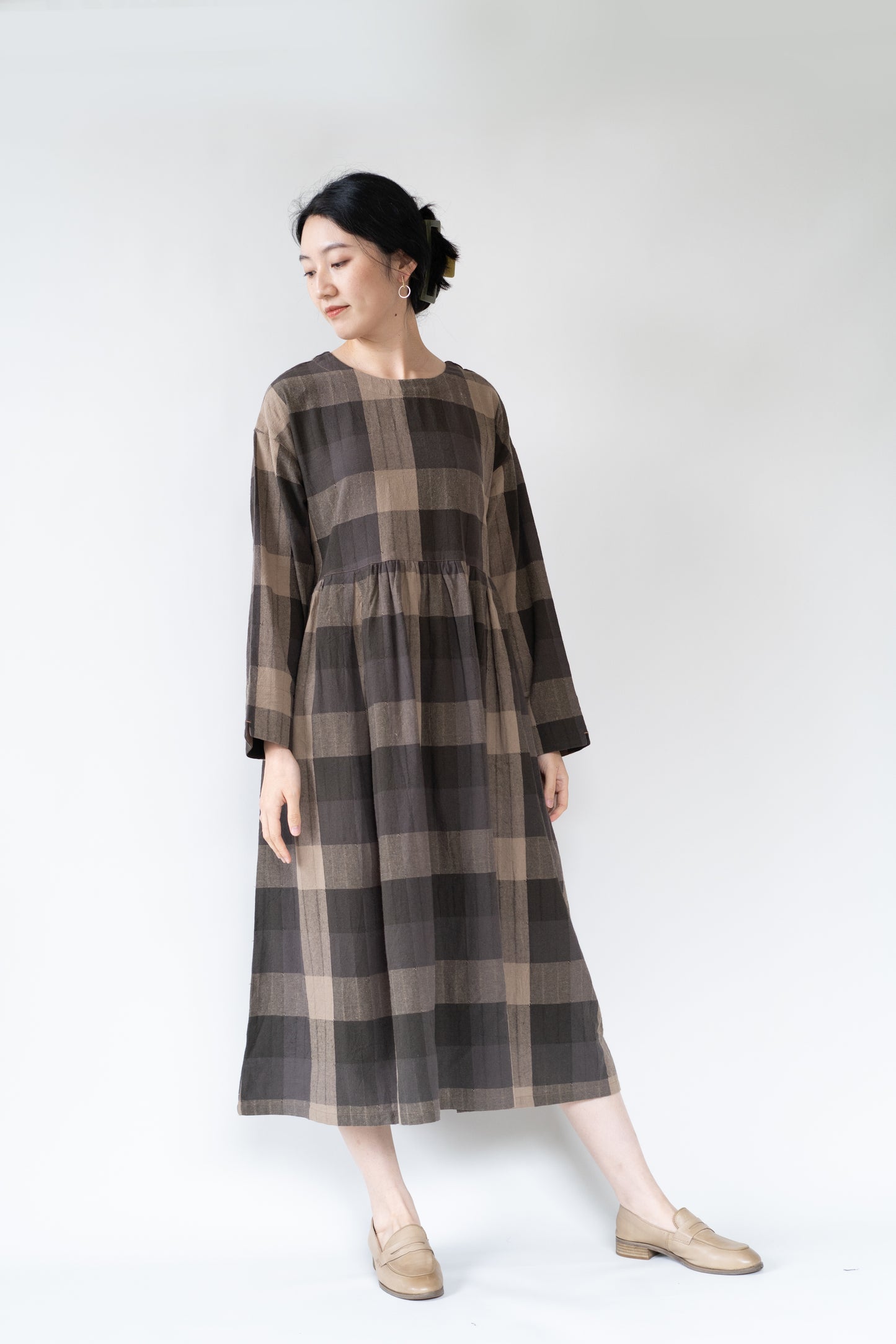 Plaid checked two-sided dress in coffee, 100% cotton