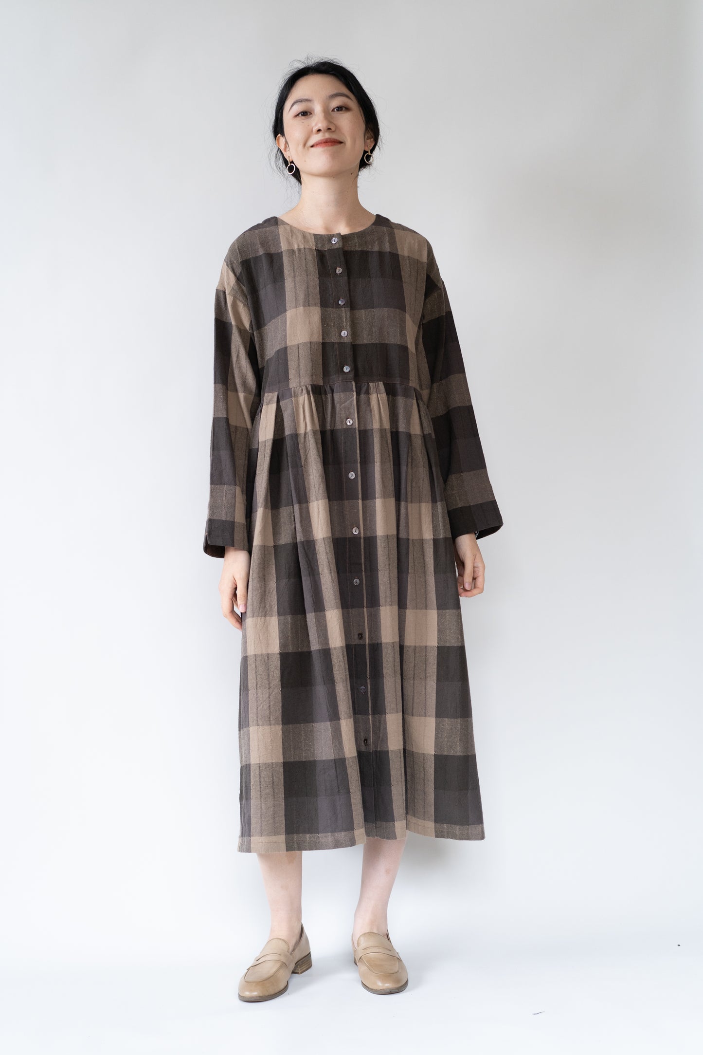 Plaid checked two-sided dress in coffee, 100% cotton