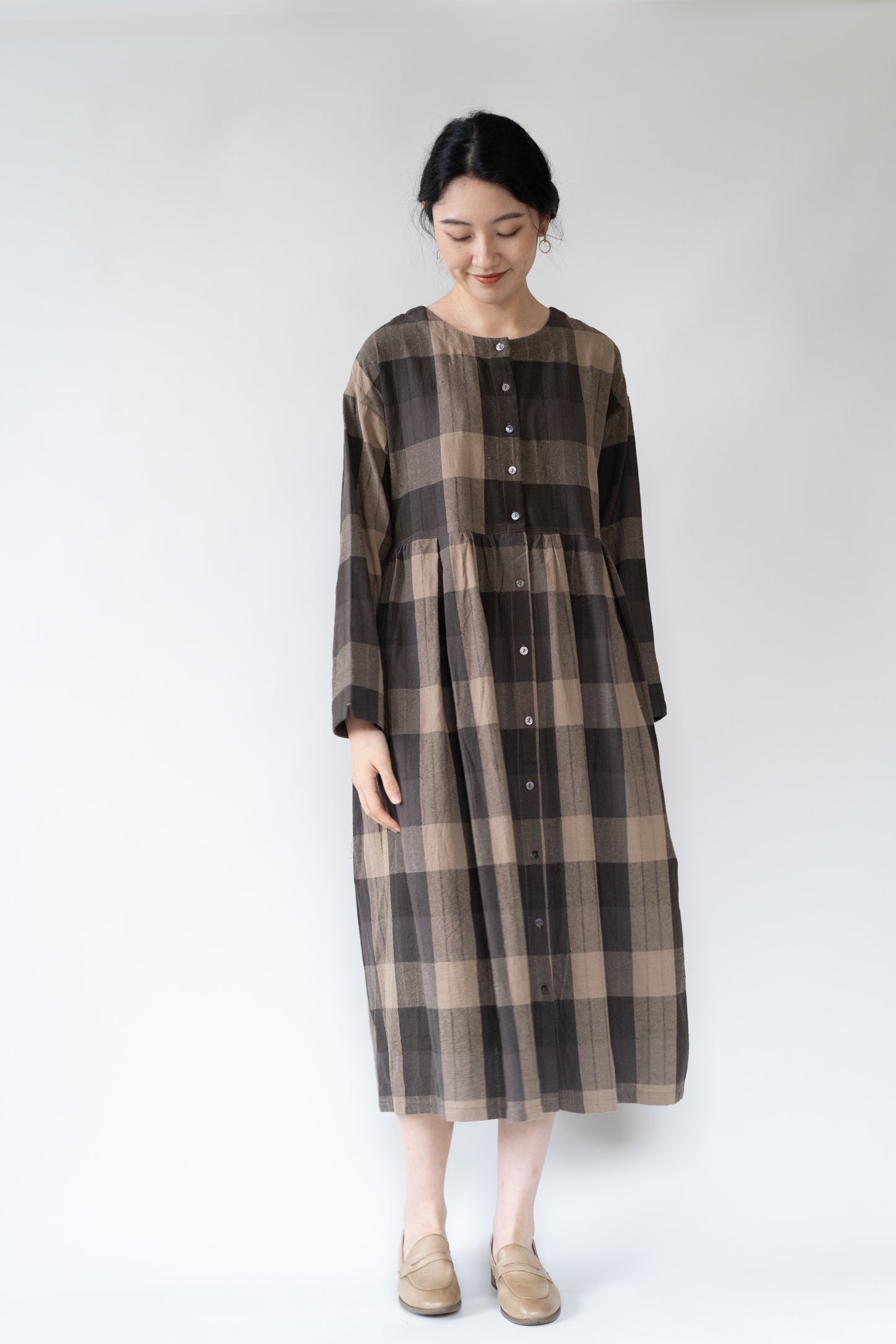 Plaid checked two-sided dress in coffee, 100% cotton