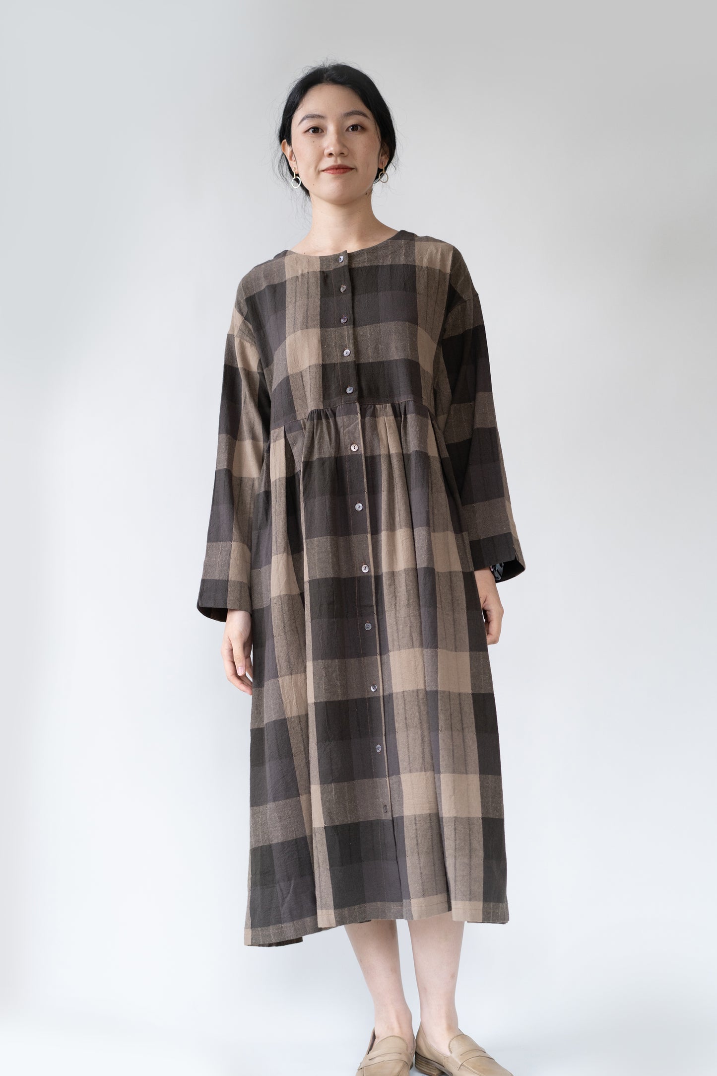 Plaid checked two-sided dress in coffee, 100% cotton