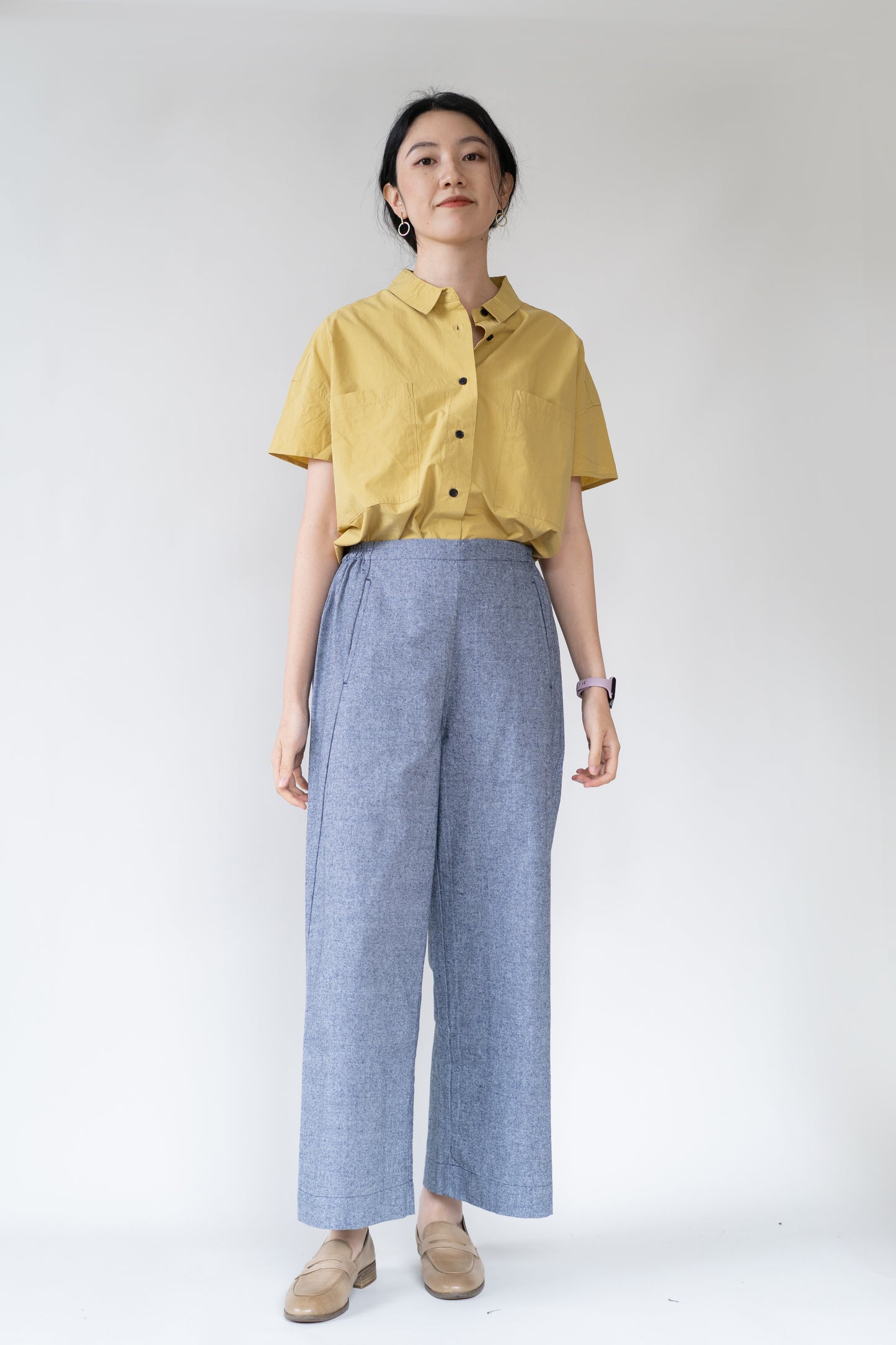 Stretchy wide leg pants in dusty blue, 100% cotton