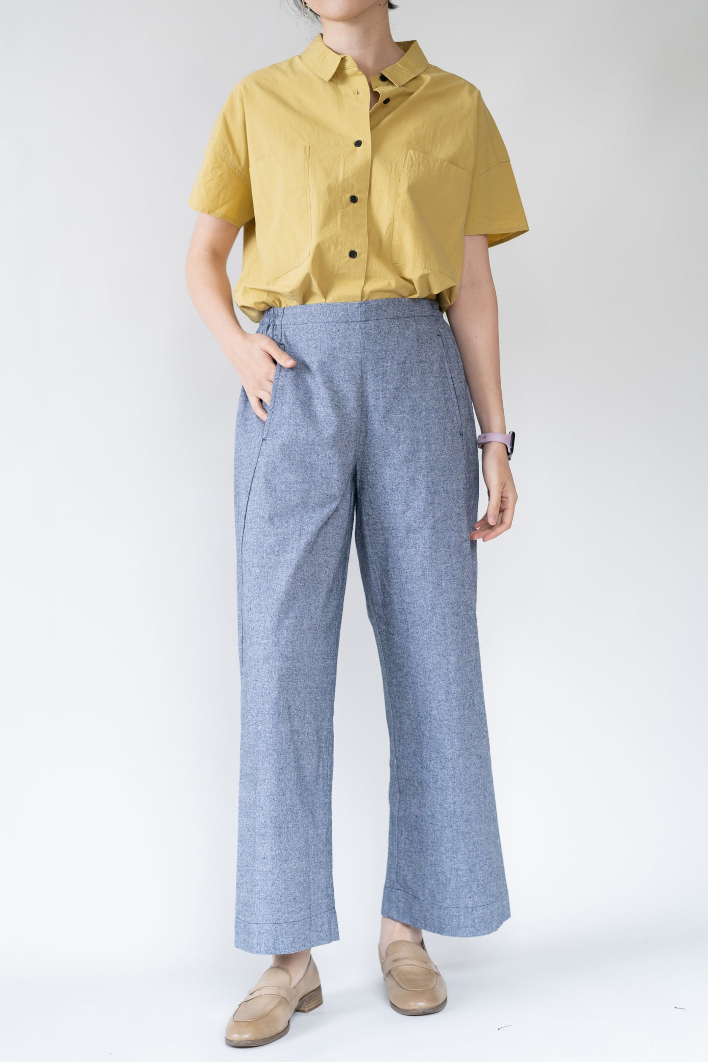 Stretchy wide leg pants in dusty blue, 100% cotton