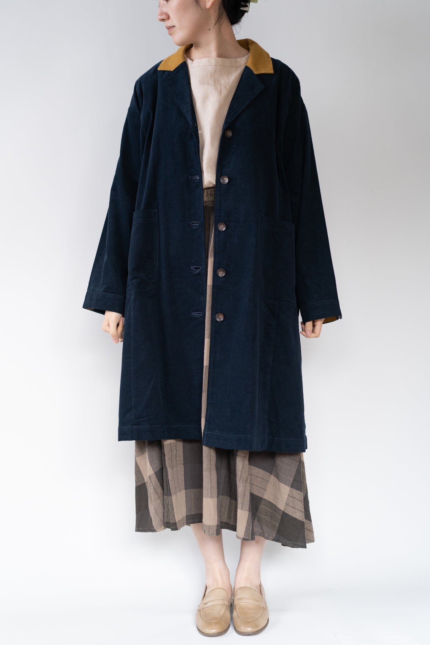 Corduroy and brushed cotton coat in navy blue, 100% cotton