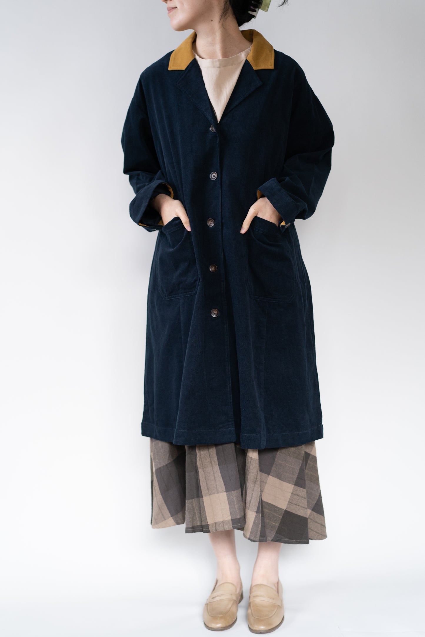 Corduroy and brushed cotton coat in navy blue, 100% cotton