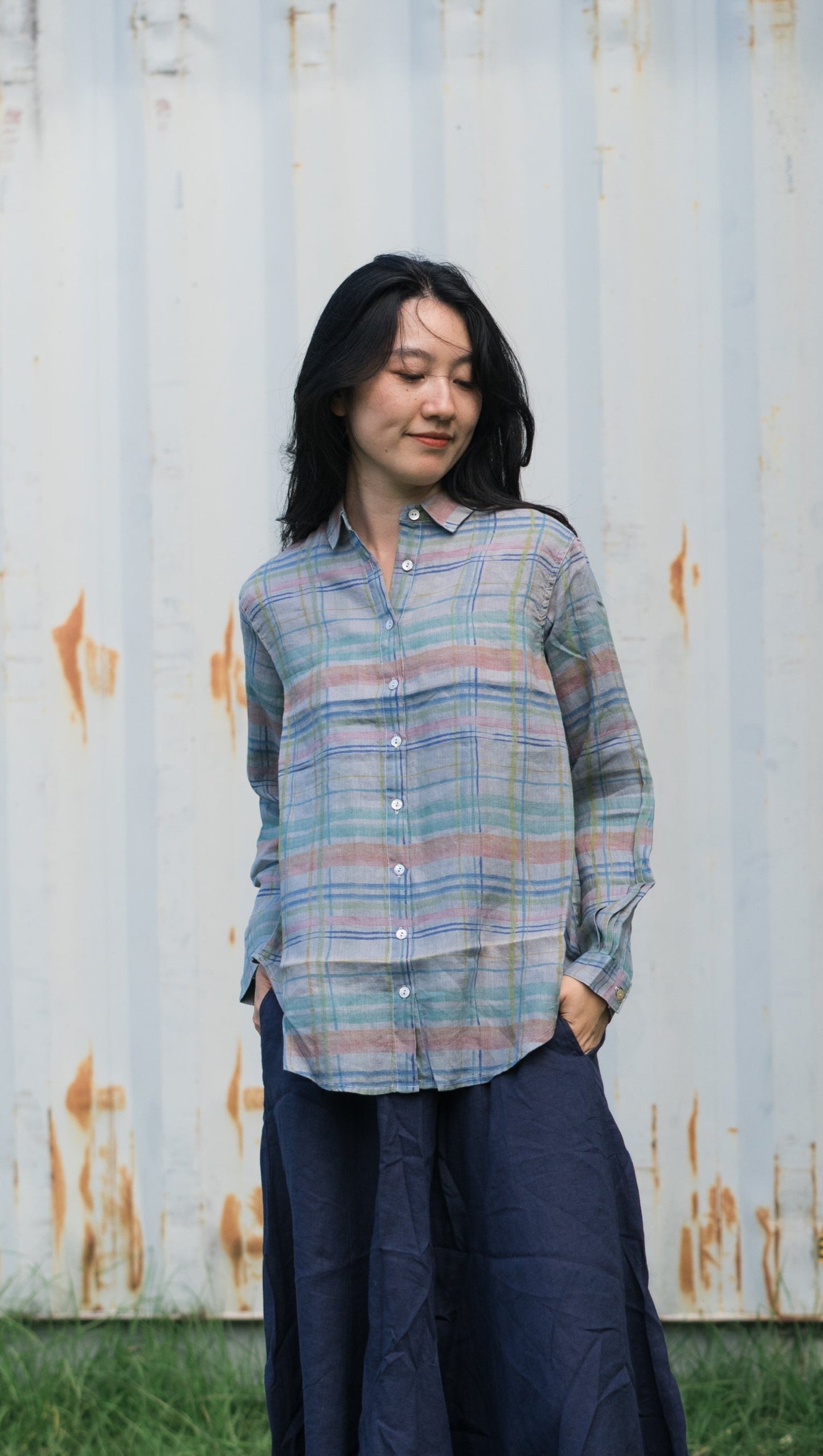 Paid long sleeve shirt, 100% linen