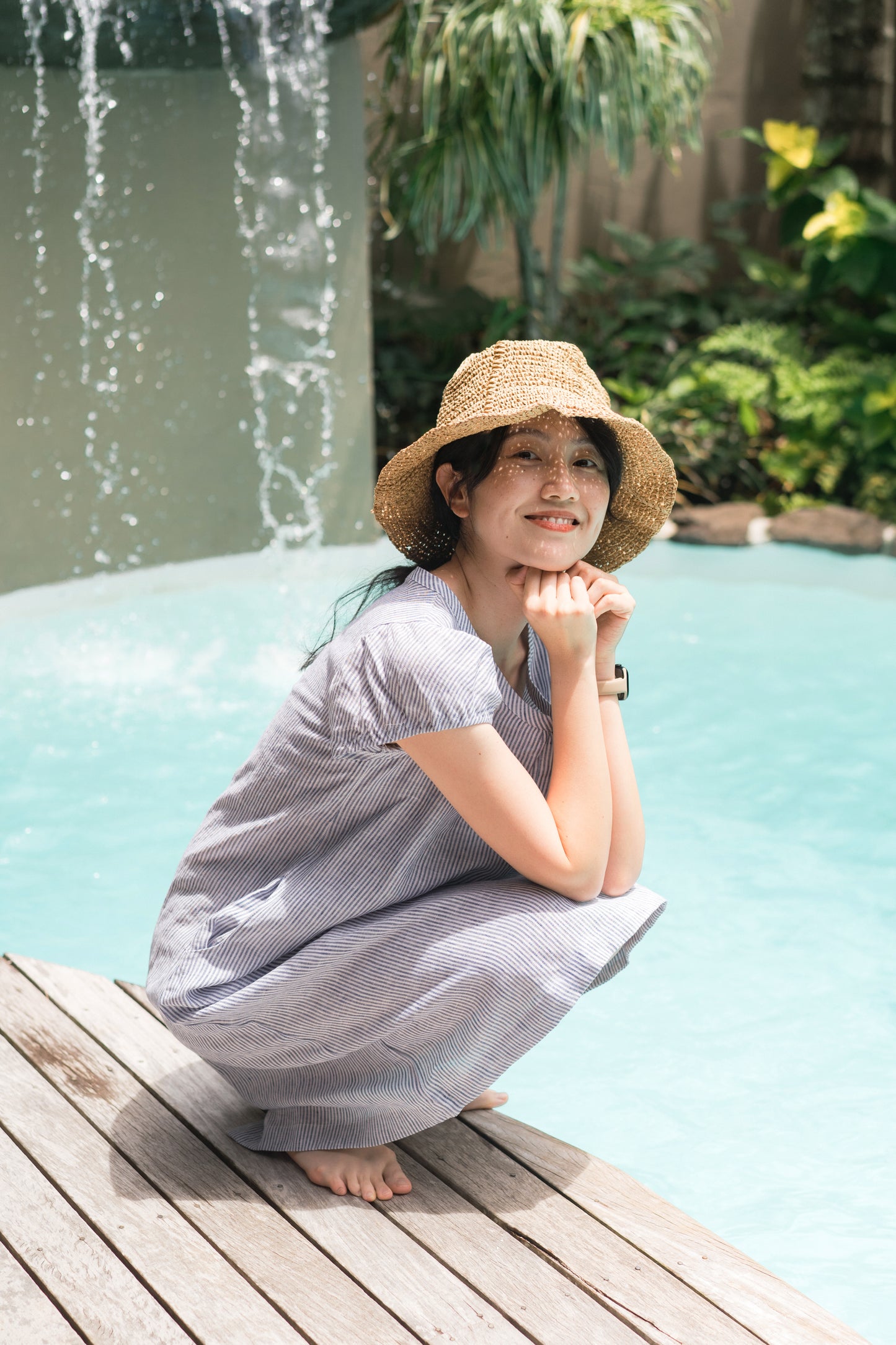 Short sleeve A-line dress in blue stripes, 100% linen