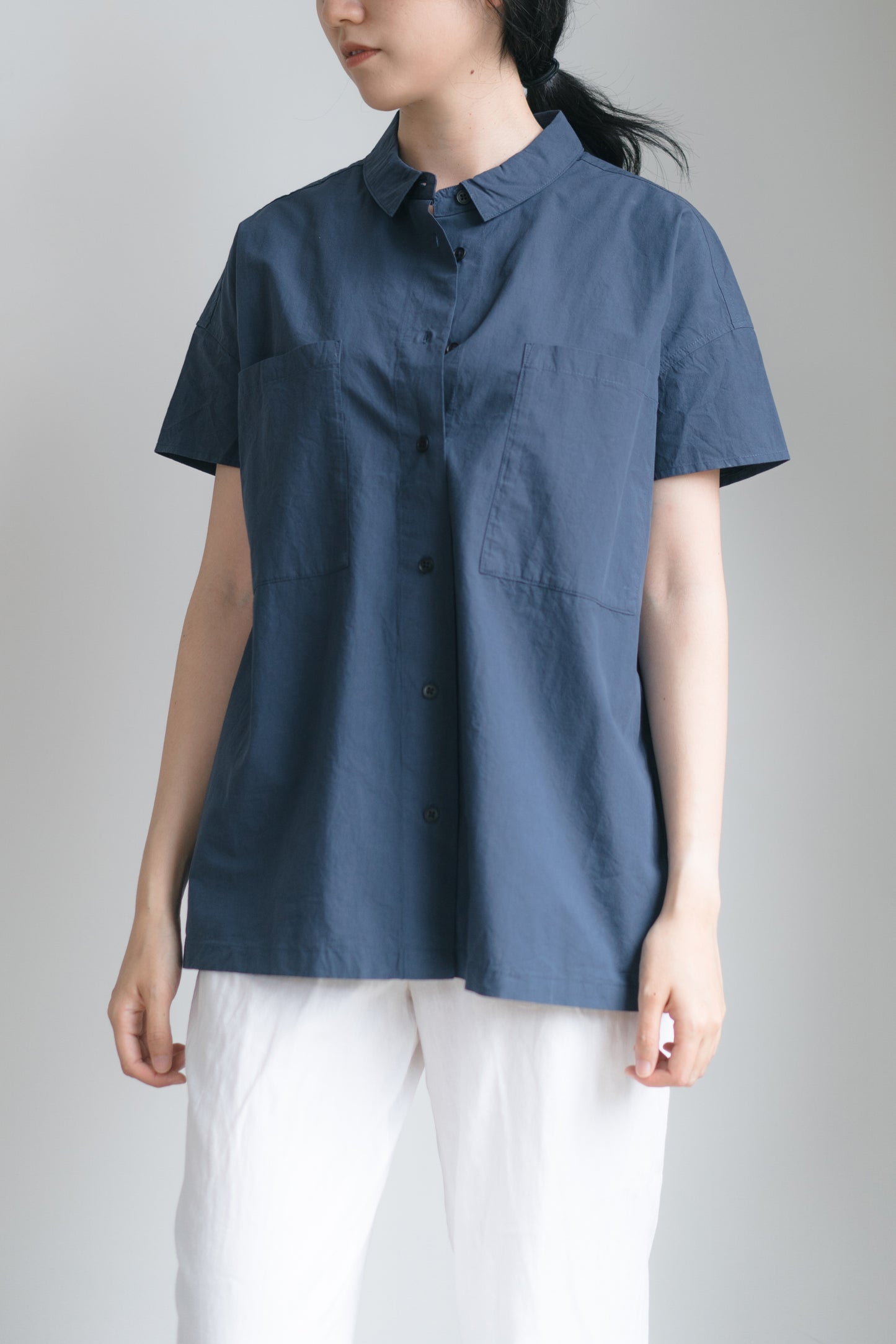 Cap sleeve shirt in navy blue, 100% cotton