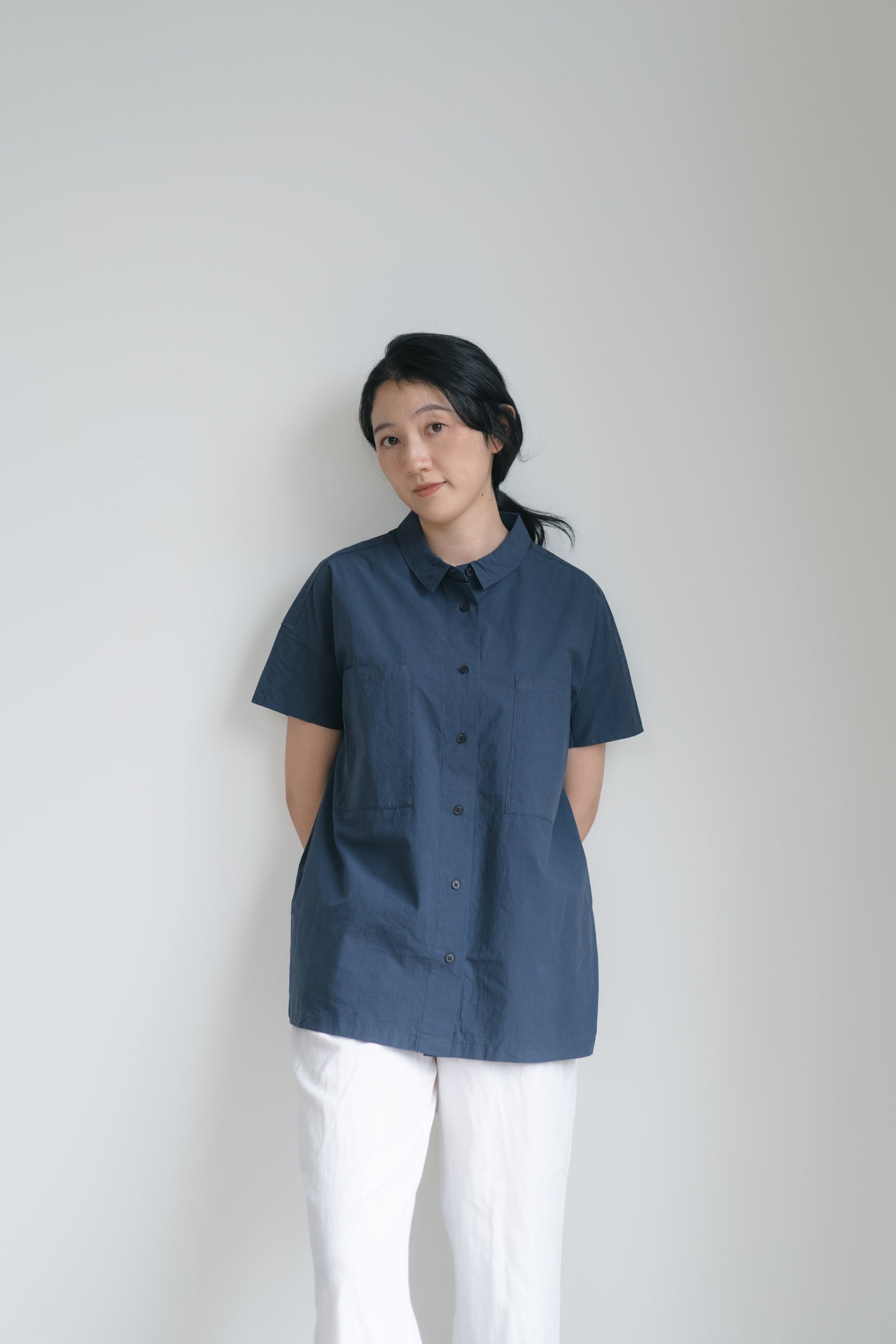 Cap sleeve shirt in navy blue, 100% cotton