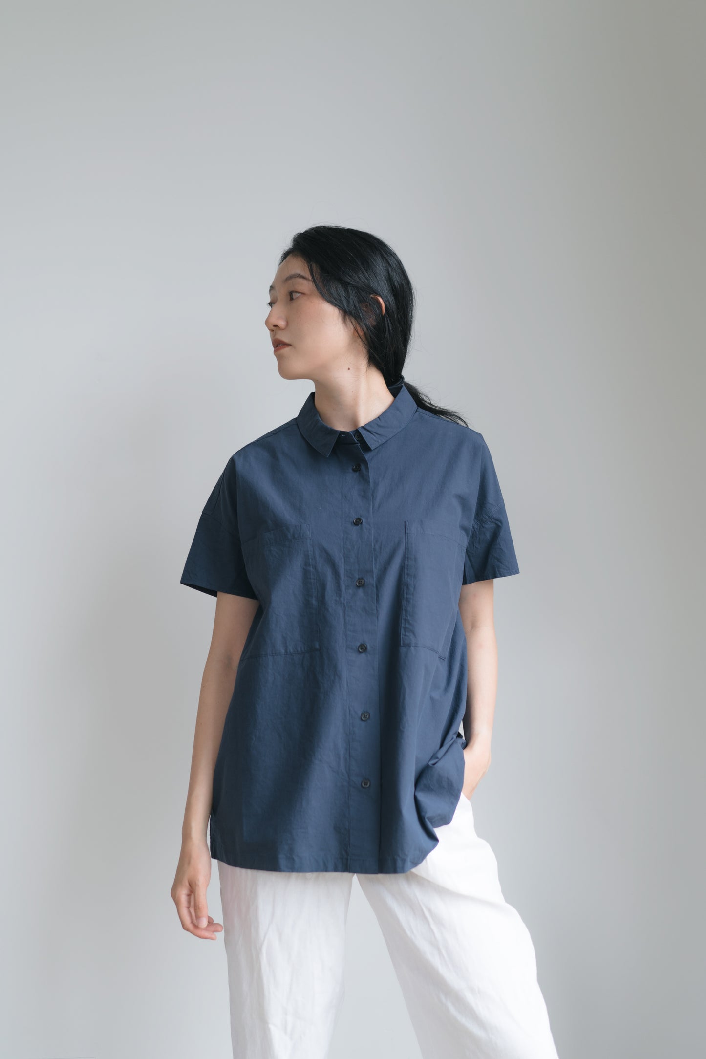 Cap sleeve shirt in navy blue, 100% cotton