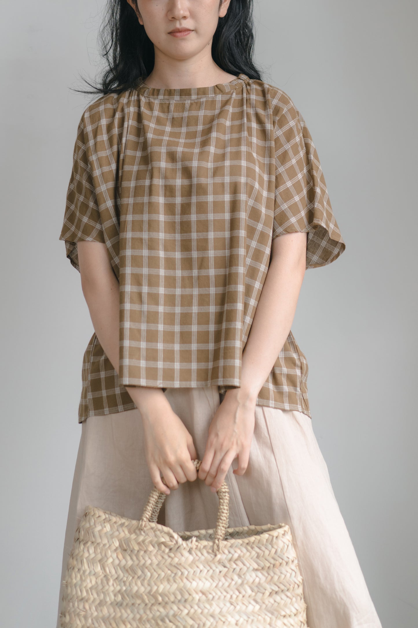 Batwing sleeve shirt in cappuccino plaid, cotton and viscose blend