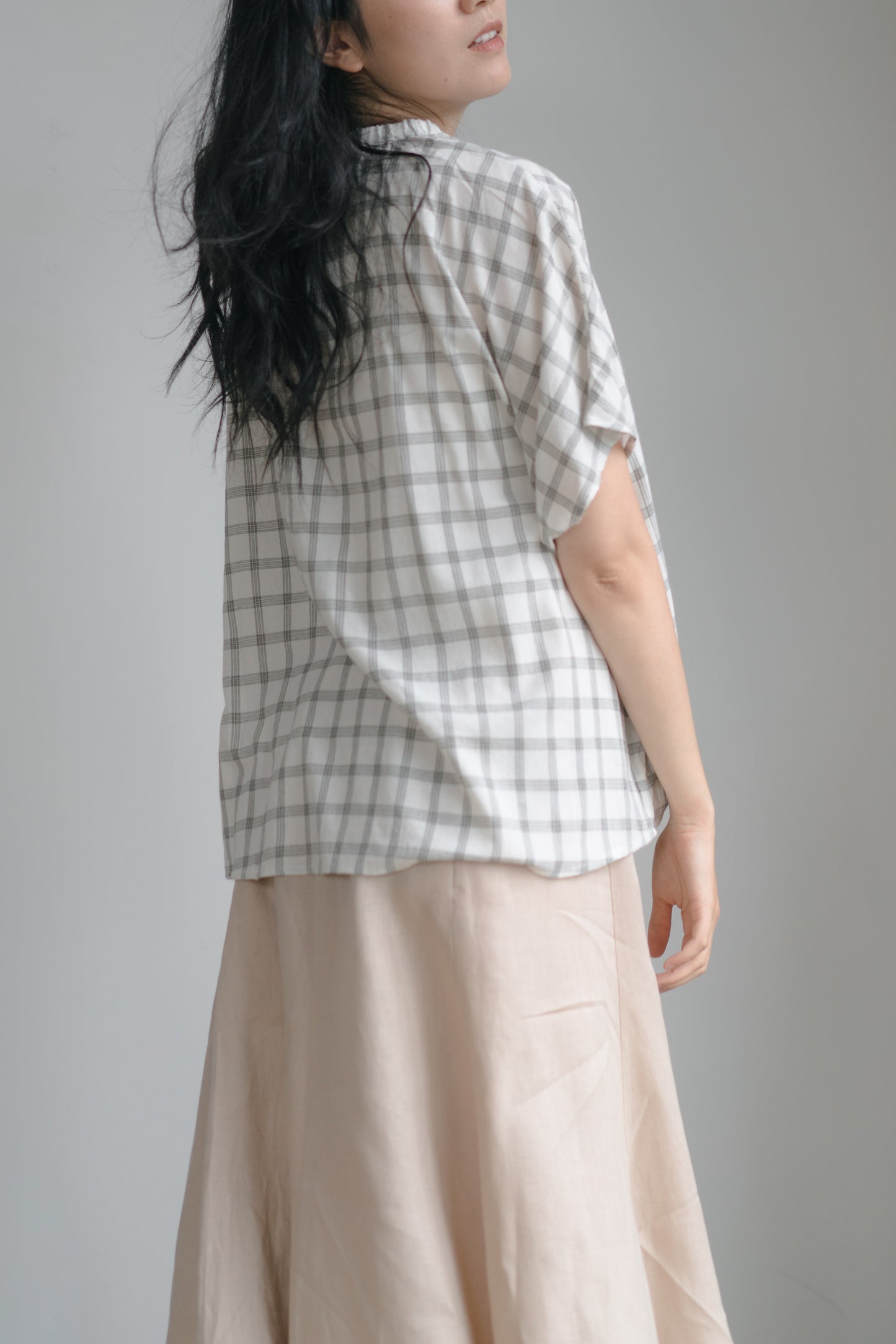 Batwing sleeve shirt in white plaid, cotton and viscose blend