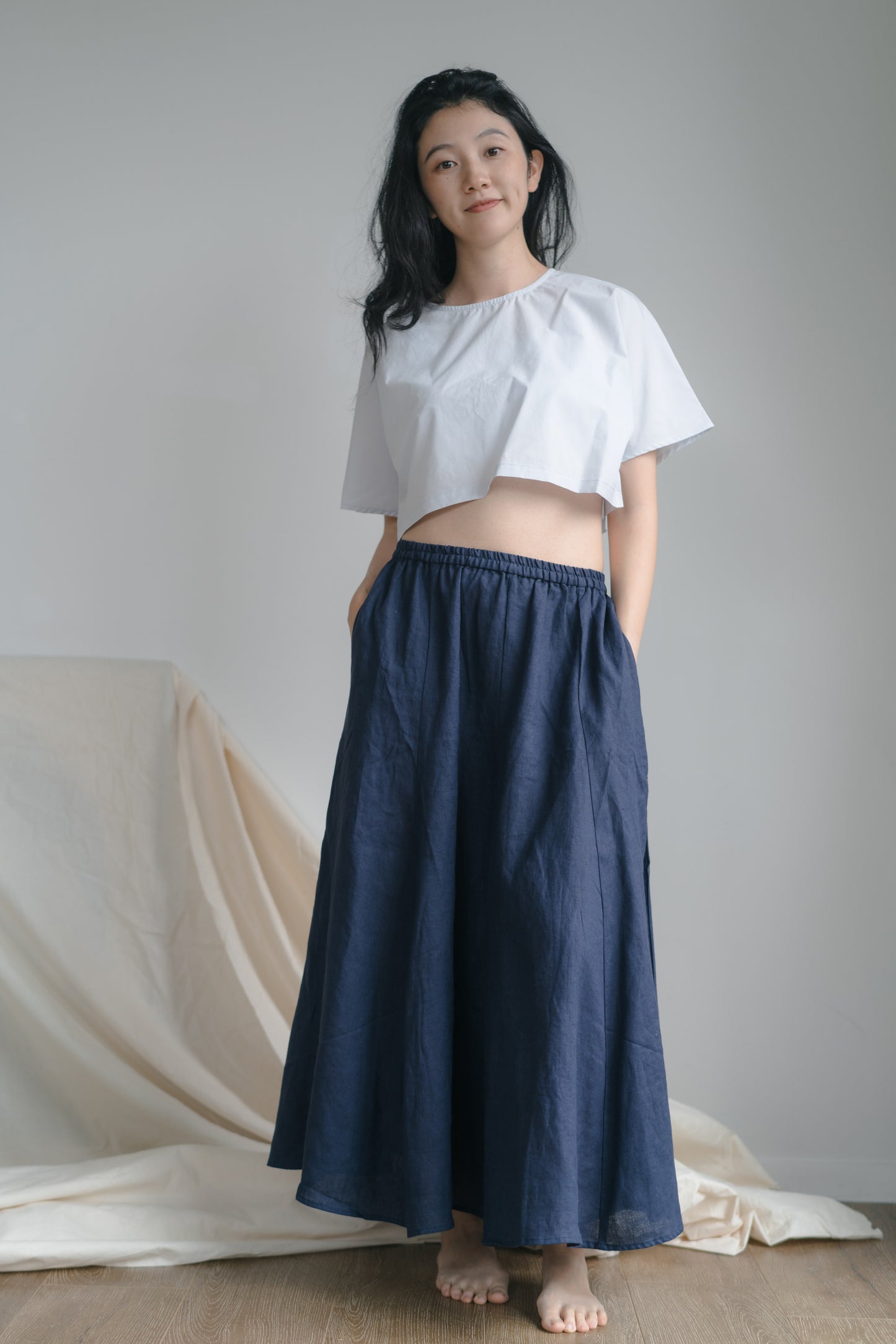 Everyday flare midi skirt in navy blue, 100% linen