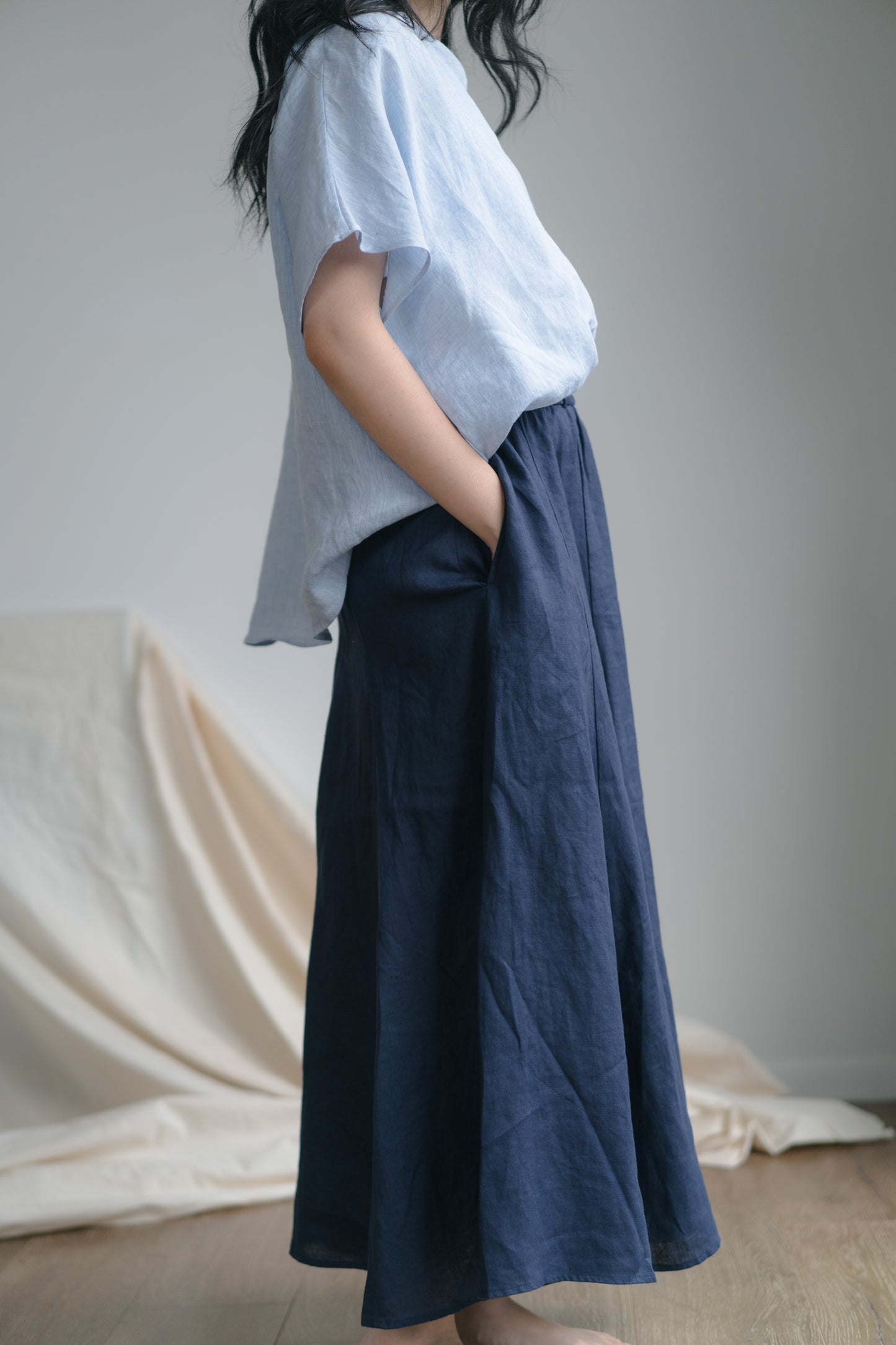 Everyday flare midi skirt in navy blue, 100% linen